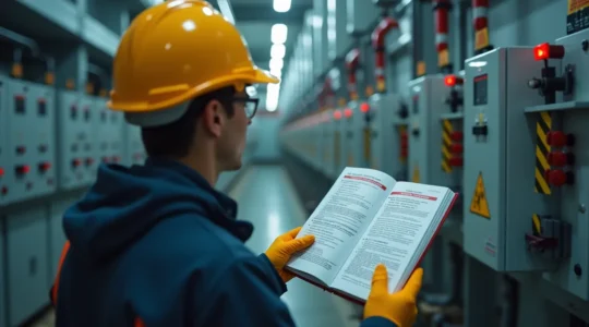Illustration symbolique de la sécurité électrique sur un chantier avec un employé en tenue de protection et carnet de prescriptions à la main