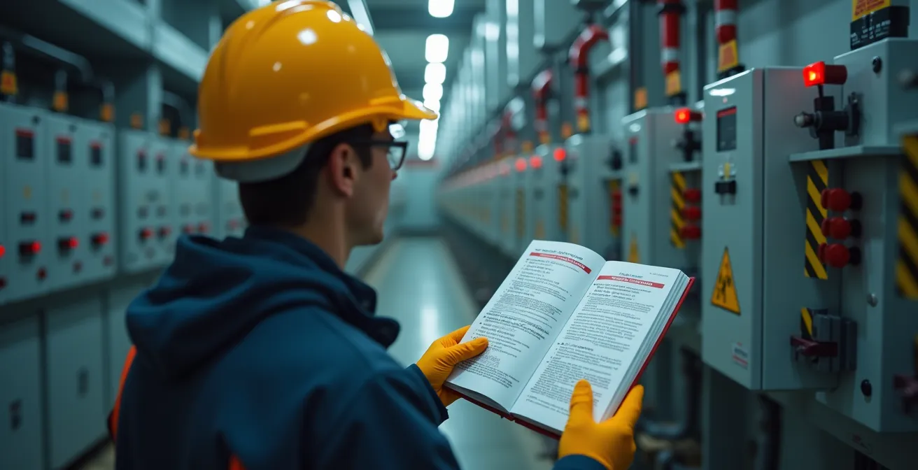 Illustration symbolique de la sécurité électrique sur un chantier avec un employé en tenue de protection et carnet de prescriptions à la main