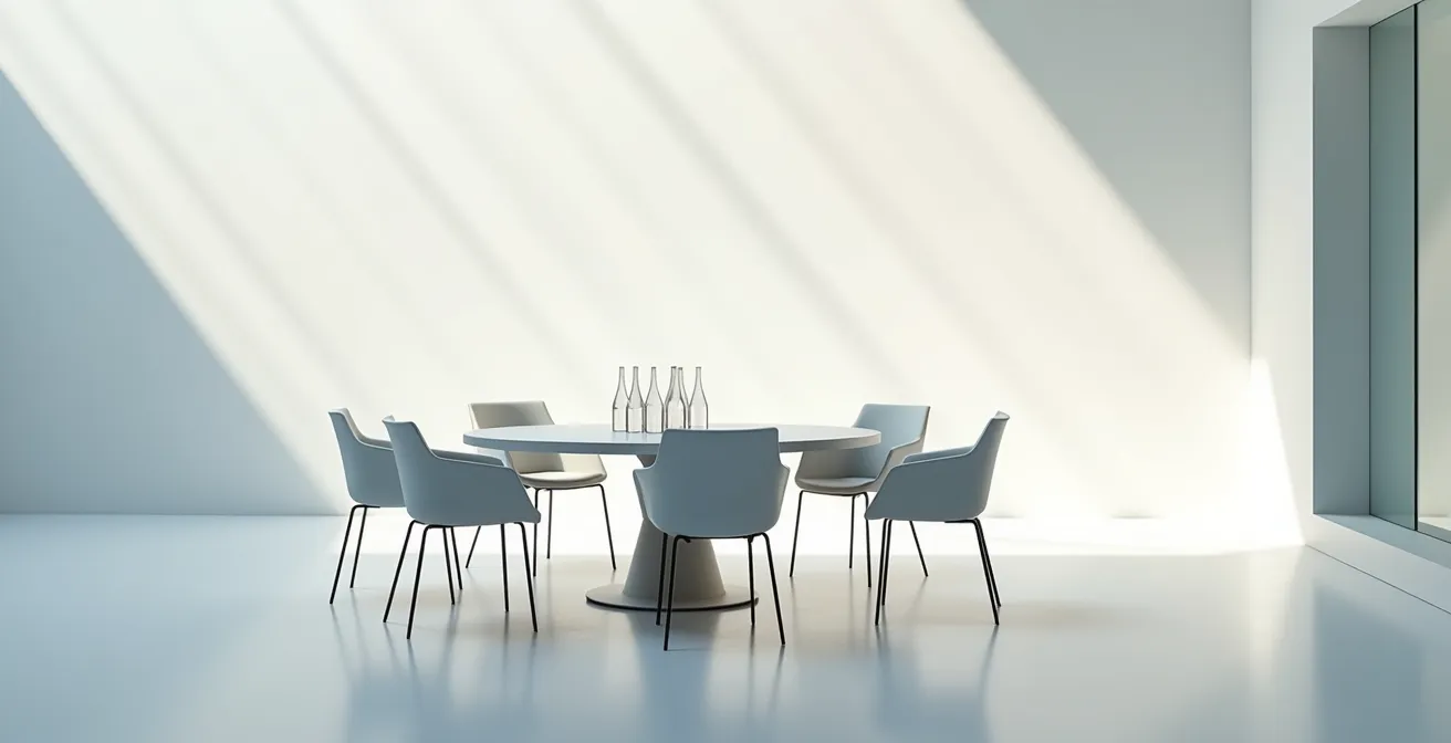 Espace de réunion épuré avec table ronde et chaises vides
