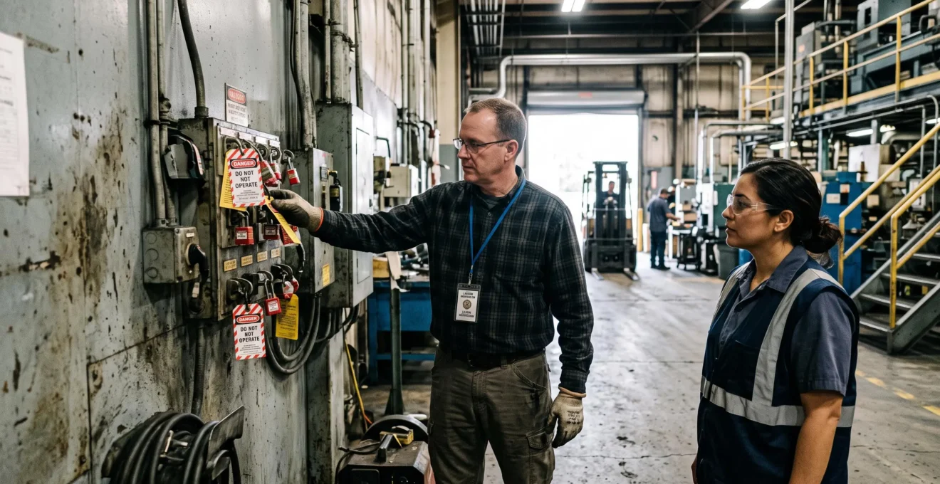 Un inspecteur du travail examine une station de consignation électrique dans une usine.